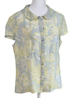 Oscar de la Renta Pale Blue Yellow Citron Floral Button-Up Blouse Sz 12P Vintage